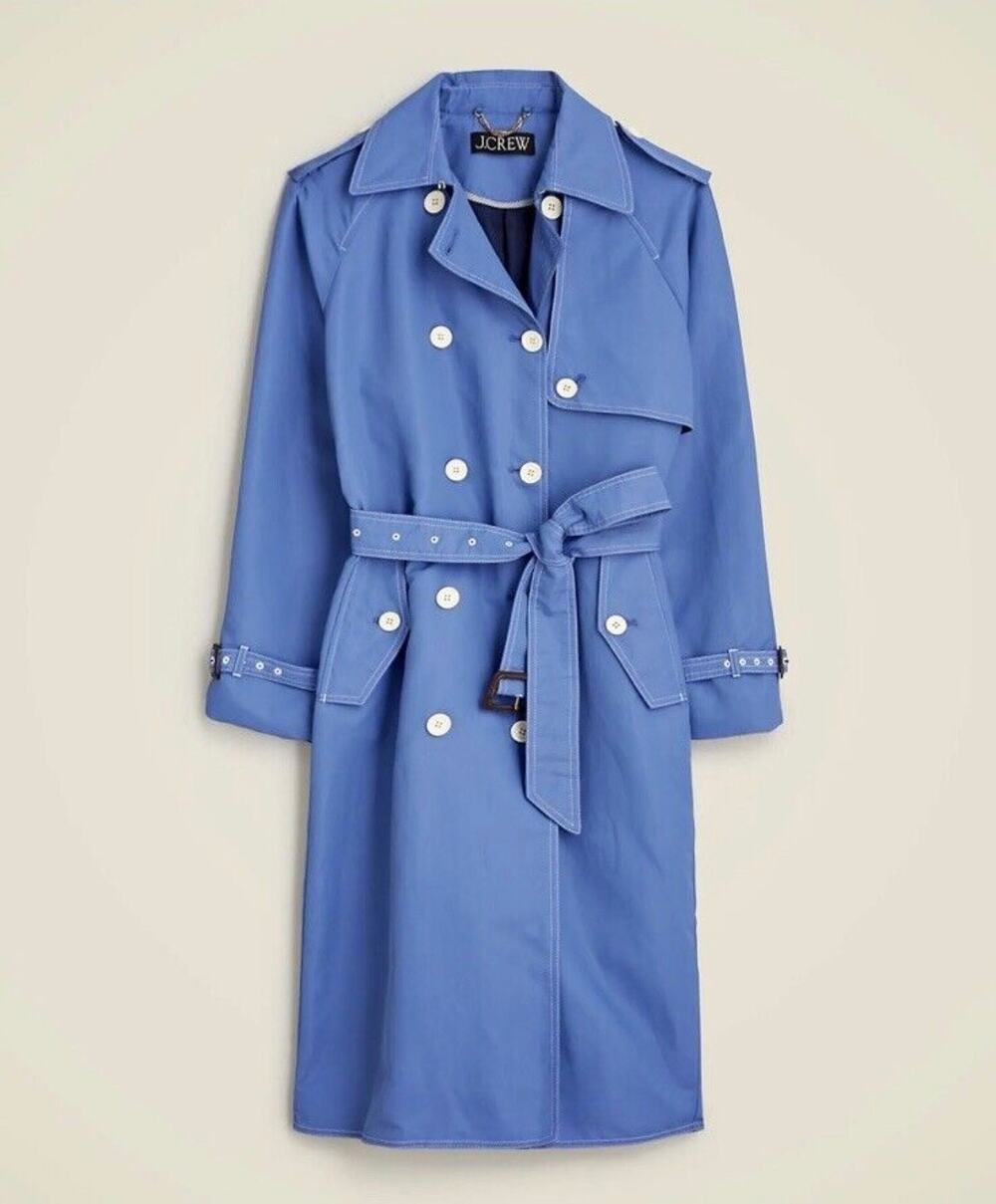 J.Crew Relaxed Trench Coat Lightweight Shiny Nylon Blue Mid Length US 0 NWT